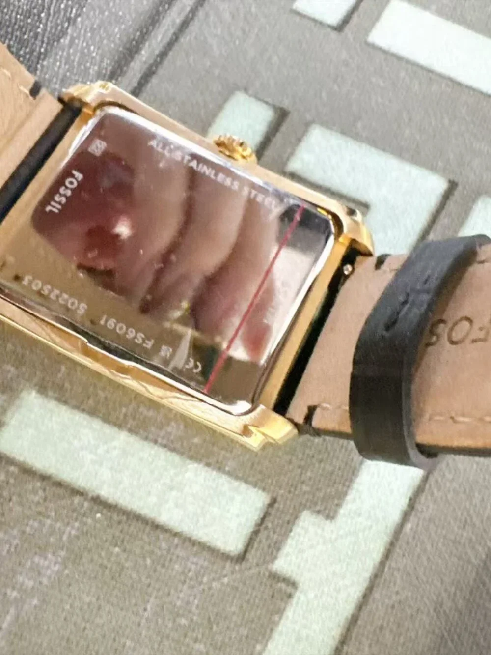 Fossil Carraway FS6091 Rectangular Gold Tone Leather Watch Black Dial
